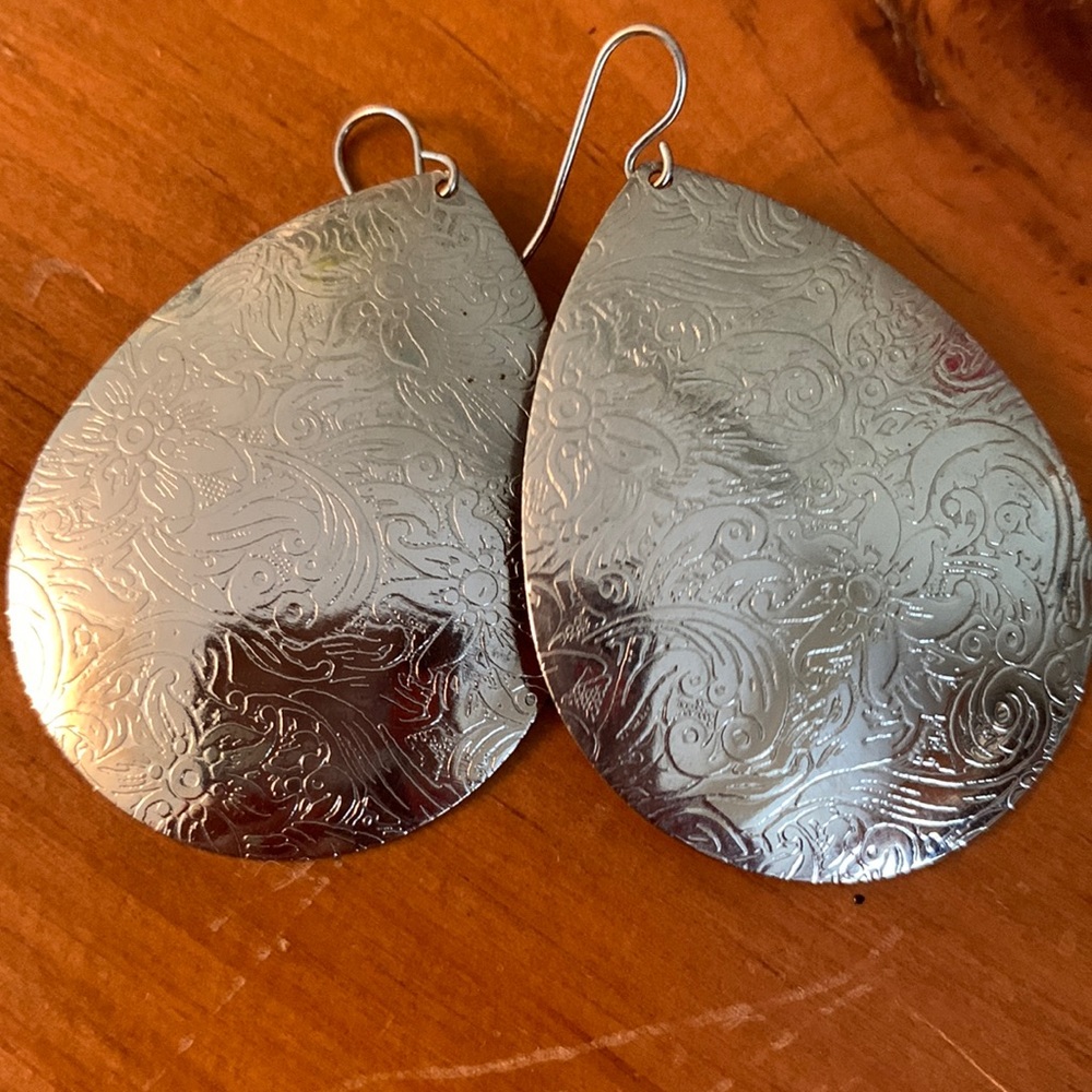Silver teardrop earrings large embossed floral design earrings gift packaged